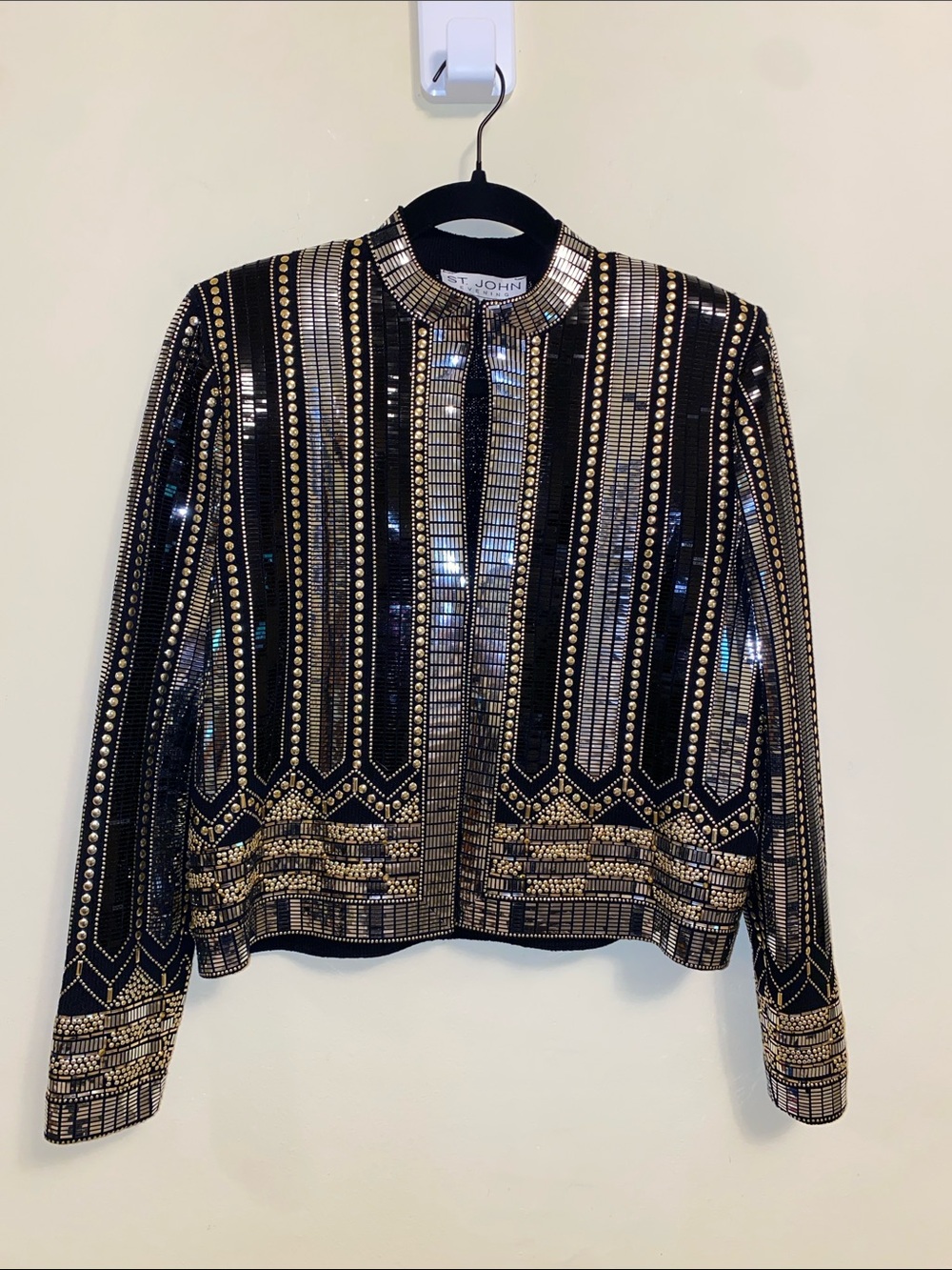 SOLD St. John Evening Black and Gold Silver Pailletes Sequined Studded Jacket 4